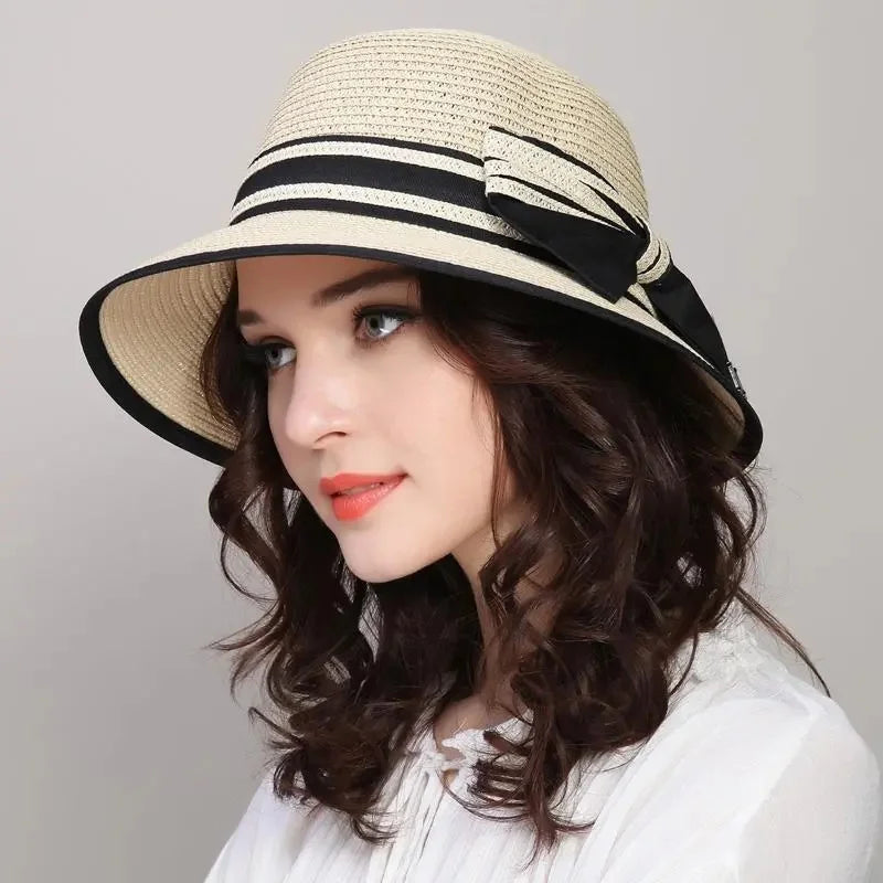 Muchique Boater Hats for Women Summer Sun Straw Hat Wide Brim Beach Hats Girl Outside Travel Straw Cap Casual Bow Hat
