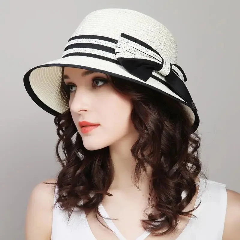 Muchique Boater Hats for Women Summer Sun Straw Hat Wide Brim Beach Hats Girl Outside Travel Straw Cap Casual Bow Hat
