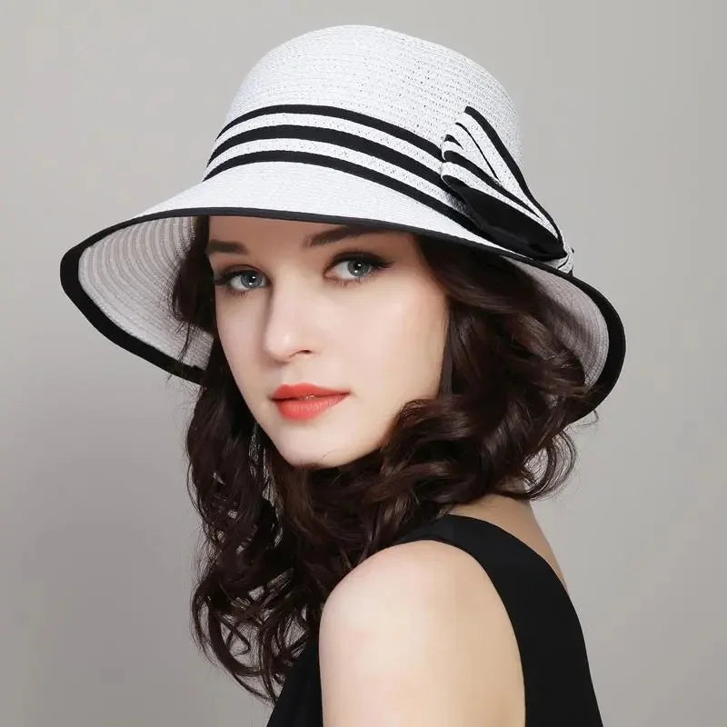Muchique Boater Hats for Women Summer Sun Straw Hat Wide Brim Beach Hats Girl Outside Travel Straw Cap Casual Bow Hat