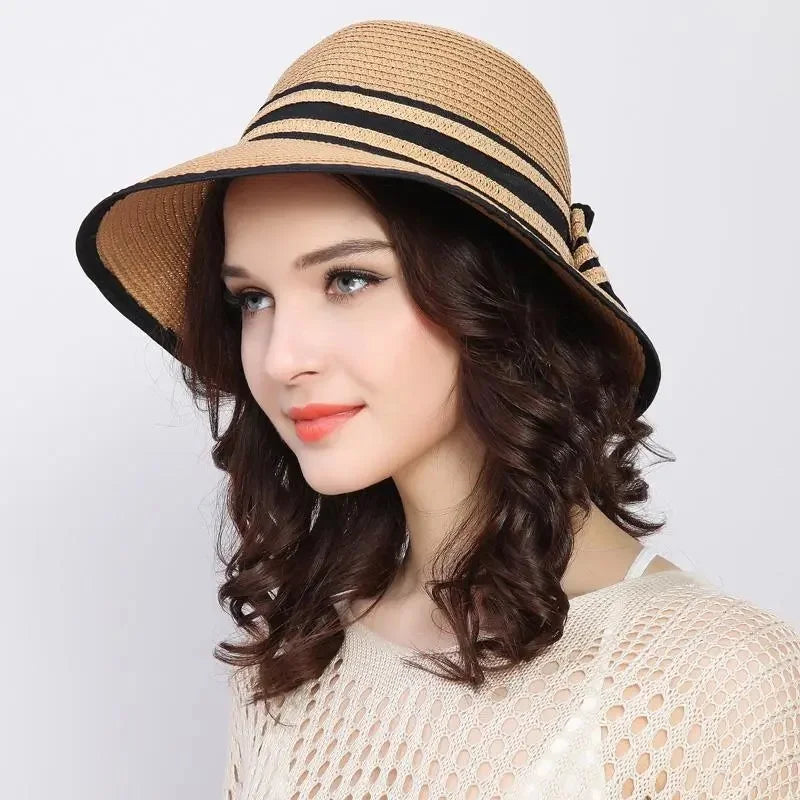 Muchique Boater Hats for Women Summer Sun Straw Hat Wide Brim Beach Hats Girl Outside Travel Straw Cap Casual Bow Hat
