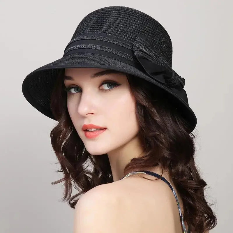 Muchique Boater Hats for Women Summer Sun Straw Hat Wide Brim Beach Hats Girl Outside Travel Straw Cap Casual Bow Hat